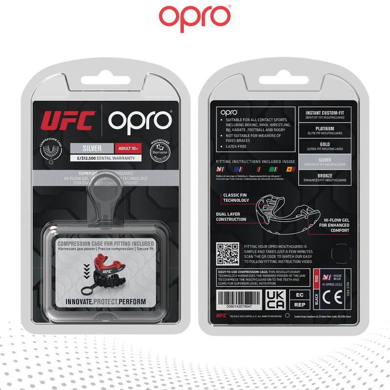 OPRO Silver Level UFC Moldable Mouth Guard Essential Fit (Black/Red) Adult & Kids Boxing Mouthguard for MMA & Impact Sports, Self-Fit Mouth Guard for Sports, Football, Hockey - Includes Case