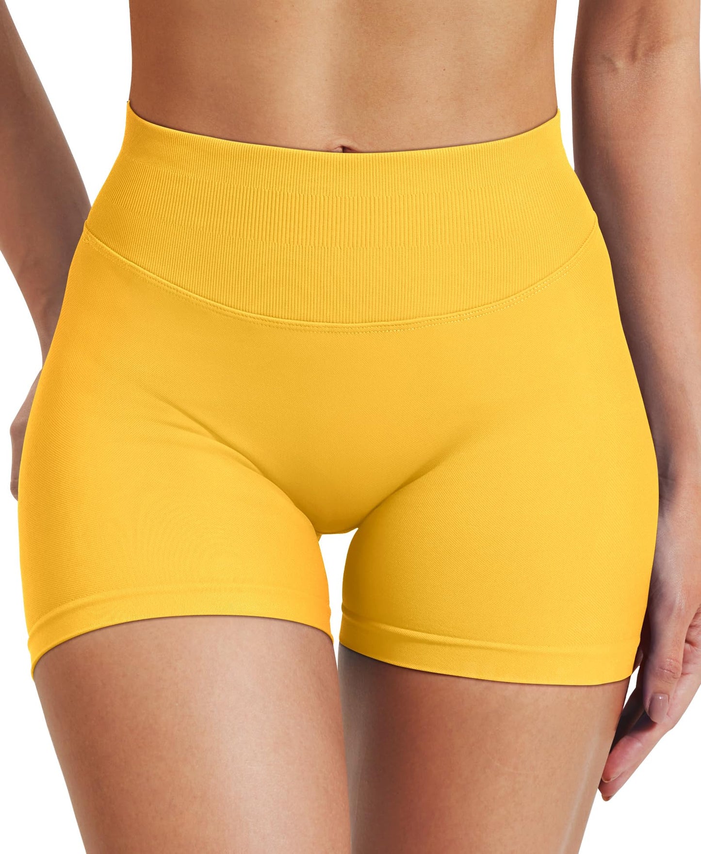 VOYJOY Women Workout Impact Shorts 2.5"/ 3.6"/ 4.5"/ 6" Scrunch Butt Lifting Gym Seamless Booty Biker Shorts Cream Yellow