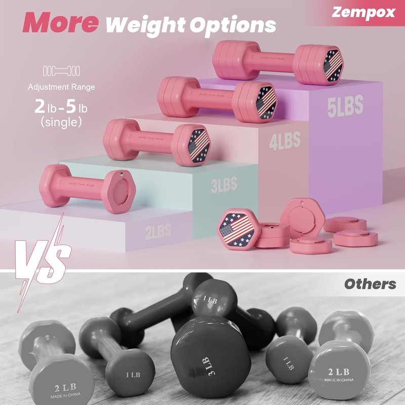 Adjustable Dumbbell Set - 4-in-1 Hand Weights for Women | 2 x 5 lb Weights with Soft Rubber Handle for Home Gym