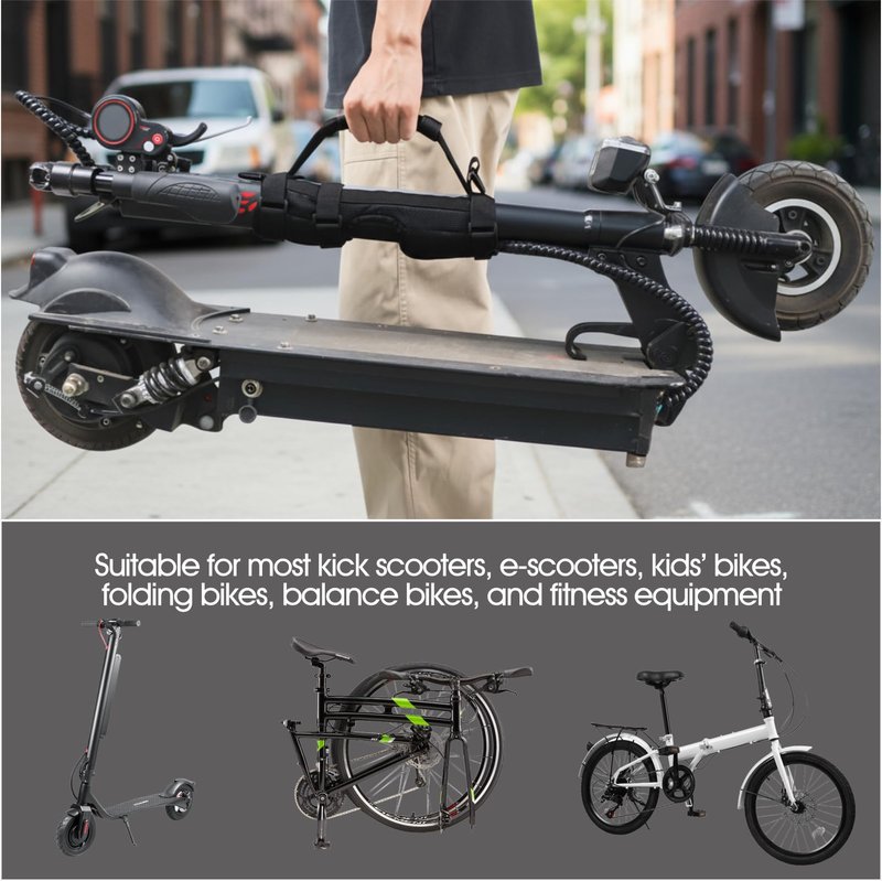 Folding Handle Strap for Scooters – Universal Oxford Cloth Hand Carrier with Adjustable Shoulder Strap, Rubber Handle & Triple (Black)