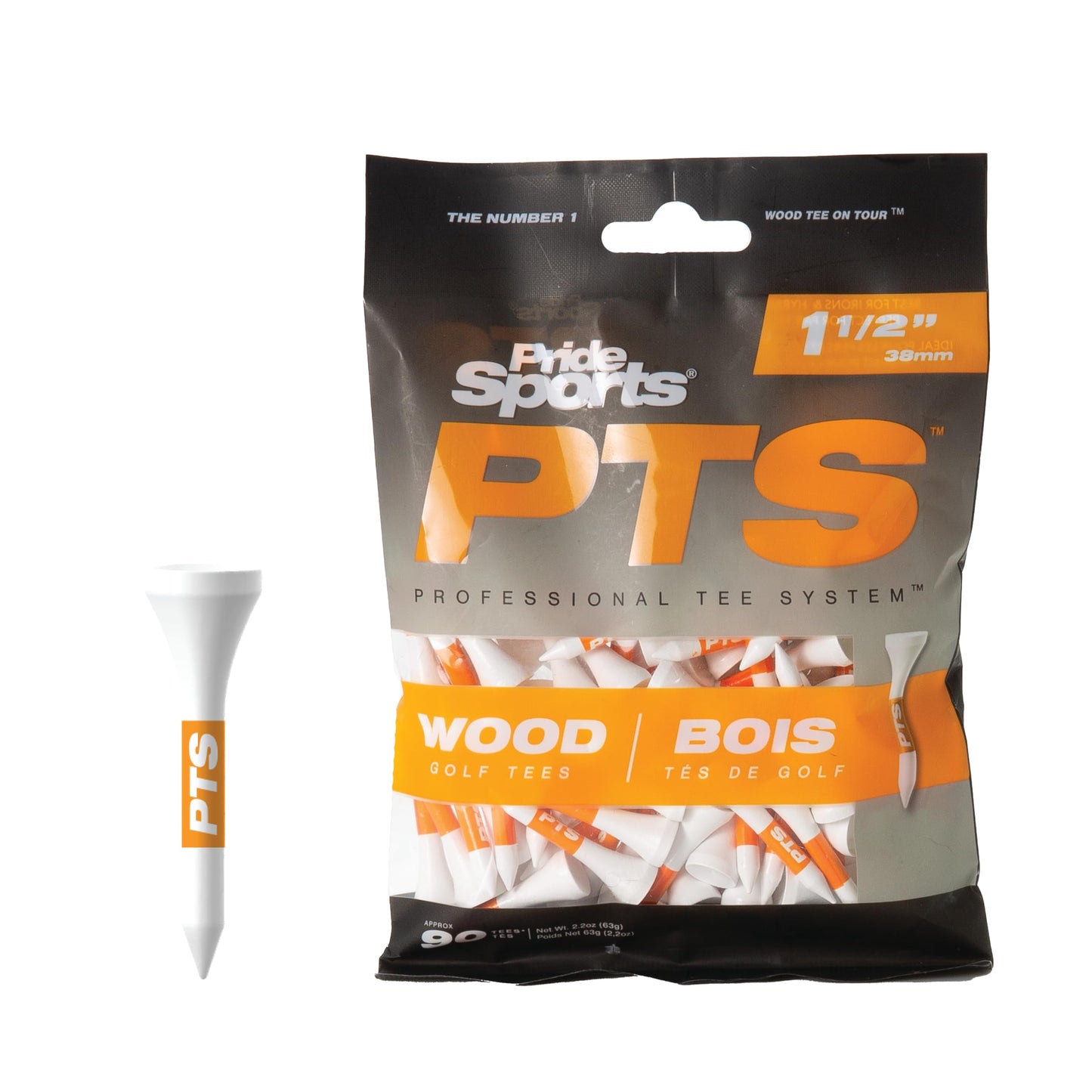 PrideSports PTS Wood Golf Tees | 90 Count, 1-1/2 Inch | #1 Wood Tee on Tour | Best for Irons, Hybrids, & Woods