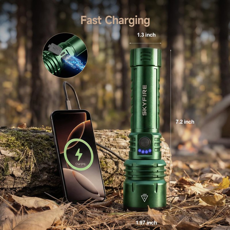 SKYFIRE 1376 LED Flashlights with Ignition Lens, Rechargeable 2000 High Lumens Zoomable Flash Light, 5 Modes Waterproof IPX6 Powerful Tactical Flashlight for Emergency Camping Essentials Home (Green)