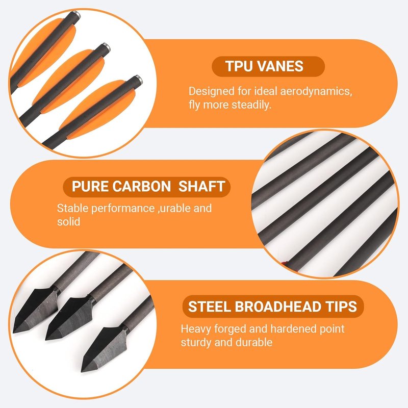 Mini Crossbow Arrows - 6.3" Carbon Pistol Bolts with Broadhead Tips | Perfect for 50-110lbs Crossbows