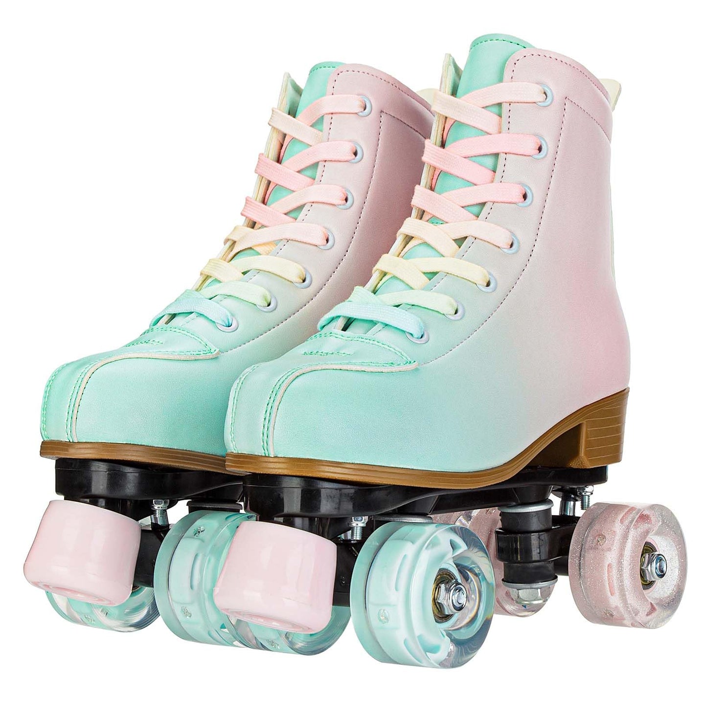YYW Roller Skates for Girls and Women, Fantastic Gradient Pink and Green PU Leather Light Up Kids Youth Roller Skates, Indoor Outdoor, Size 33-Youth 2