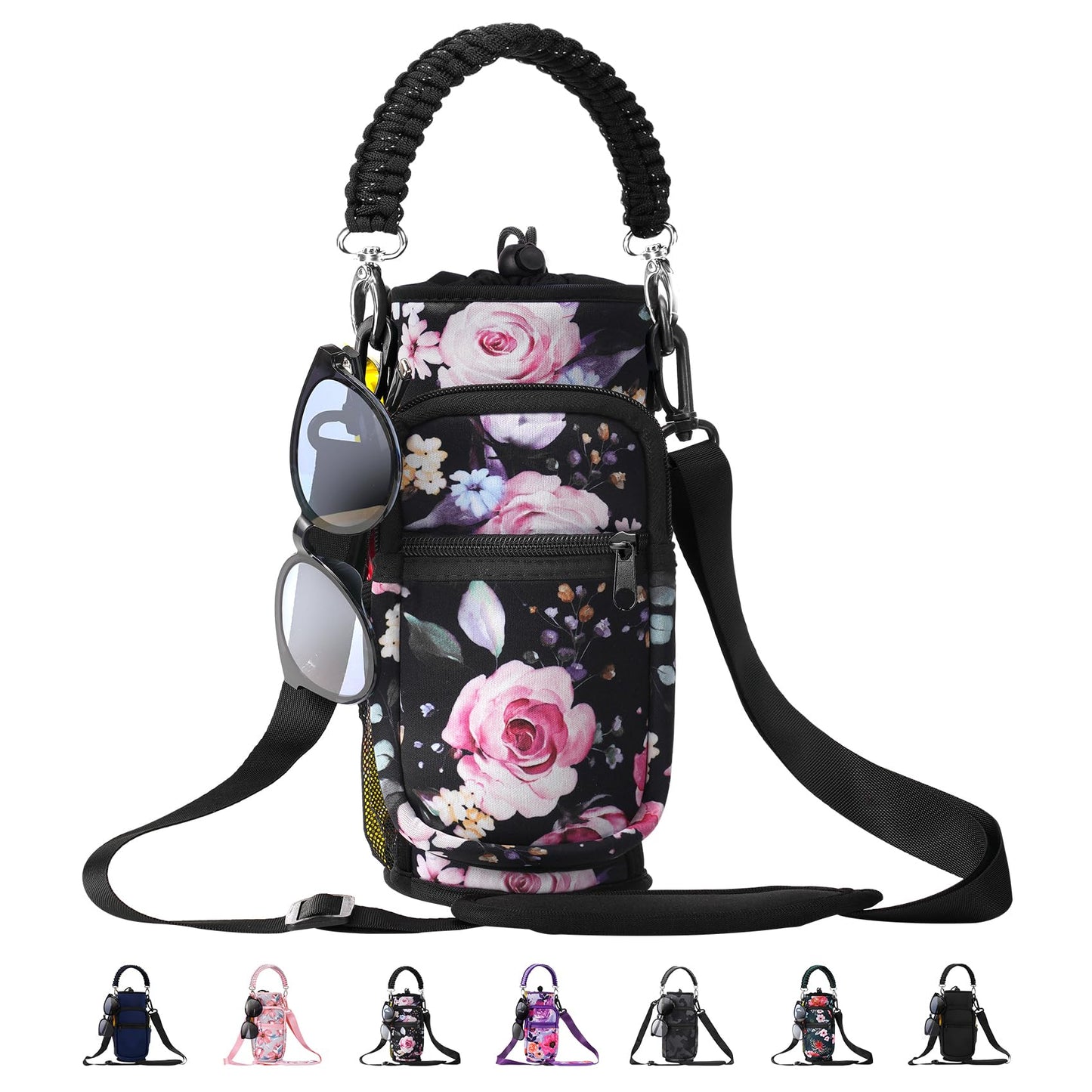 AceTreker 32 oz 40 oz Water Bottle Carrier Bag with Strap and 4 Pockets, Neoprene Sports Crossbody Water Bottle Sleeve Bag for Walking Hiking Travelling Camping-Black Flower