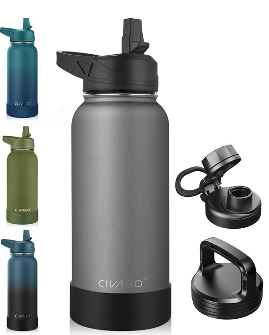 CIVAGO 32 oz Insulated Water Bottle With Straw, Stainless Steel Sports Water Cup Flask with 3 Lids (Straw, Spout and Handle Lid), Wide Mouth Travel Thermal Mug, Cool Gray