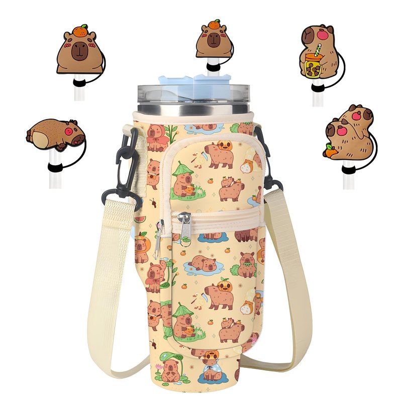 Denlei Capybara Print Stanley Cup Bag, Cup Holder for Stanley 40oz Tumbler with Handle, Stanley Carrier Bag with 4Pcs Capybara Straw Toppers for Stanley Cup Accessories