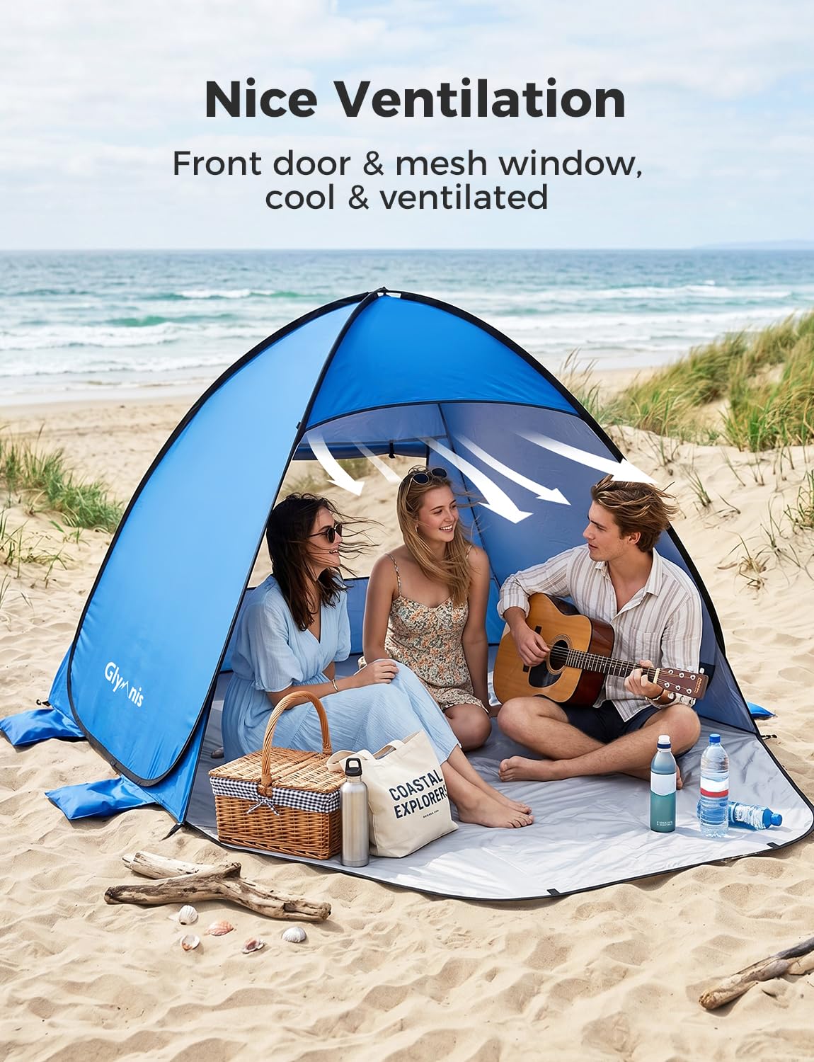 Glymnis Pop Up Beach Tent Instant Portable Sun Shade Shelter (L) 3-4 Persons UPF 50+ with Extendable Floor Zipper Door Automatic Easy Up Tent