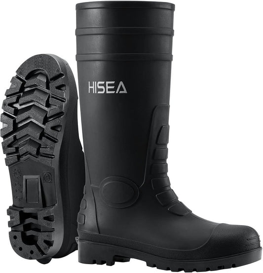 HISEA Men's Steel Toe Rain Boots - Waterproof PVC Rubber Outdoor Work Boots | Durable Slip-Resistant Knee Design