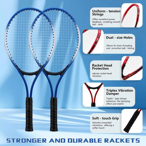 ZHUOKECE 21" Tennis Rackets for Kids, 2 Players Recreational Tennis Rackets Set for Beginners with 4 Tennis Balls, 3 Overgrips, 1 Tennis Bag (Blue)