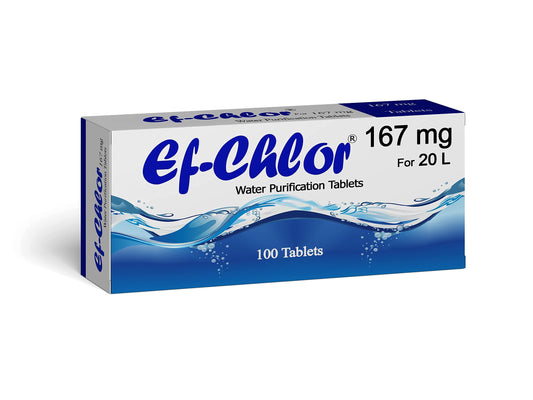 Ef-Chlor Water Purification Tablets/Drops (167 mg - 100 Tablets) - Potable Water Treatment Ideal for Emergencies, Survival, Travel, and Camping, Purifies (5.2-6.6) Gallons Water in 1 Tablet