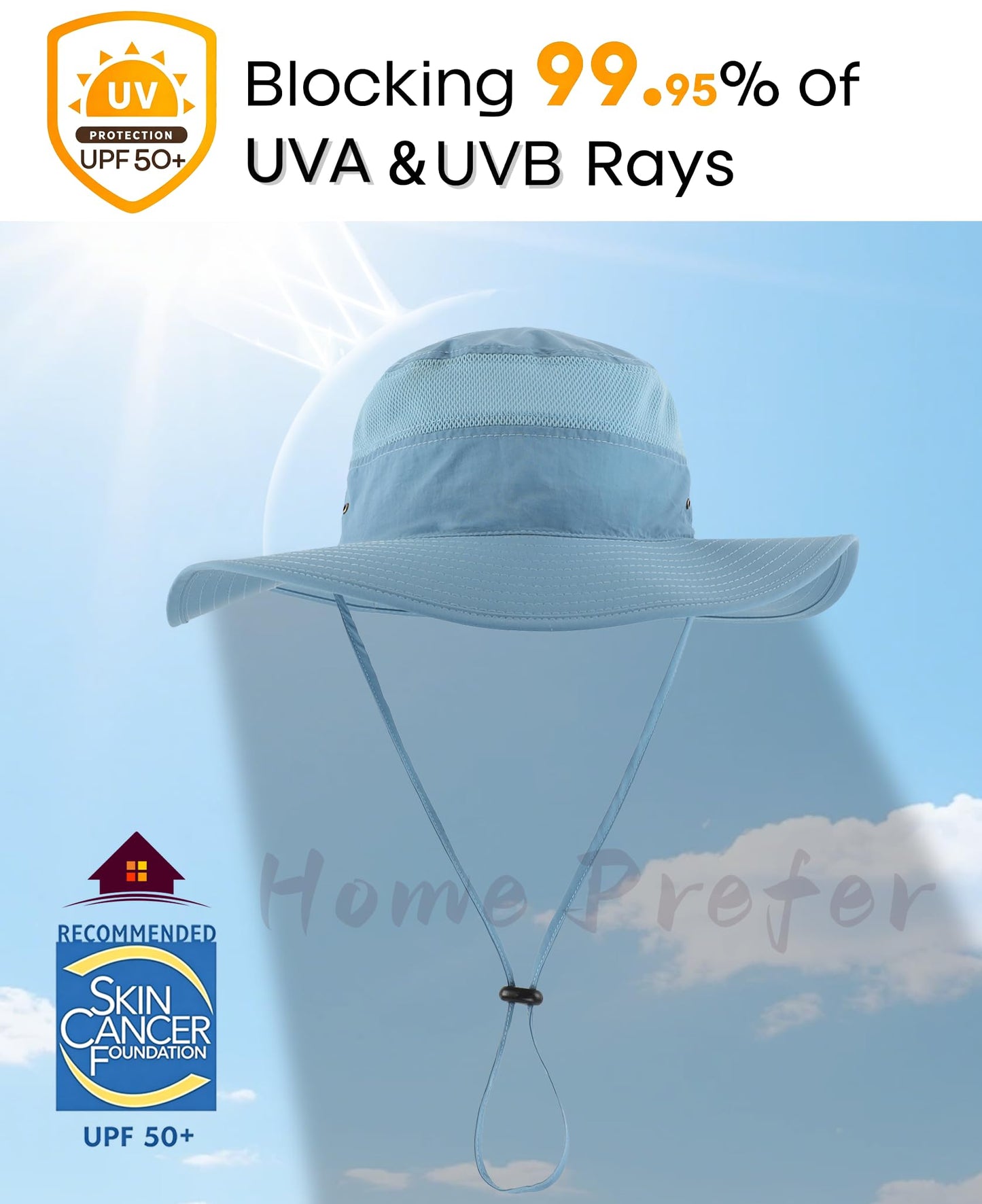 Home Prefer Men's Sun Hat UPF 50+ Wide Brim Bucket Hat Windproof Fishing Hats (Blue)