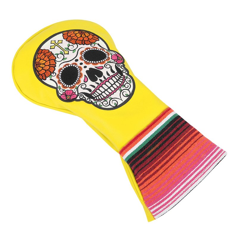 SHABIER Yellow Golf Driver Headcover with Organ Flowers Embroidery Sugar Skull Design for Golf Driver Club