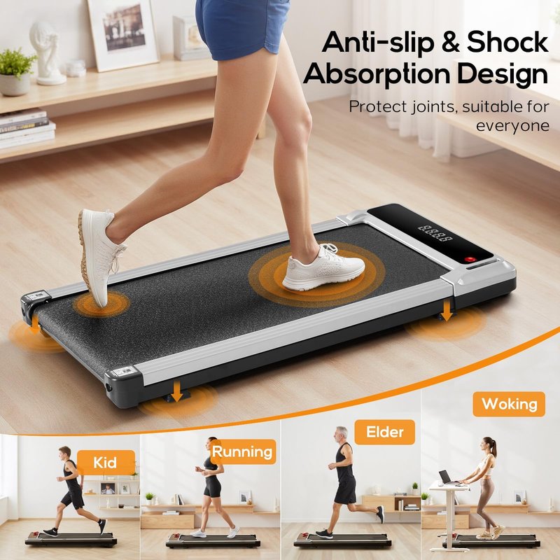 AIDOLY Walking Pad Under Desk Treadmill, Portable Compact Electric Walking Treadmill with Remote Control & LED Display for Home Office, Quiet Fitness Machine, Silver