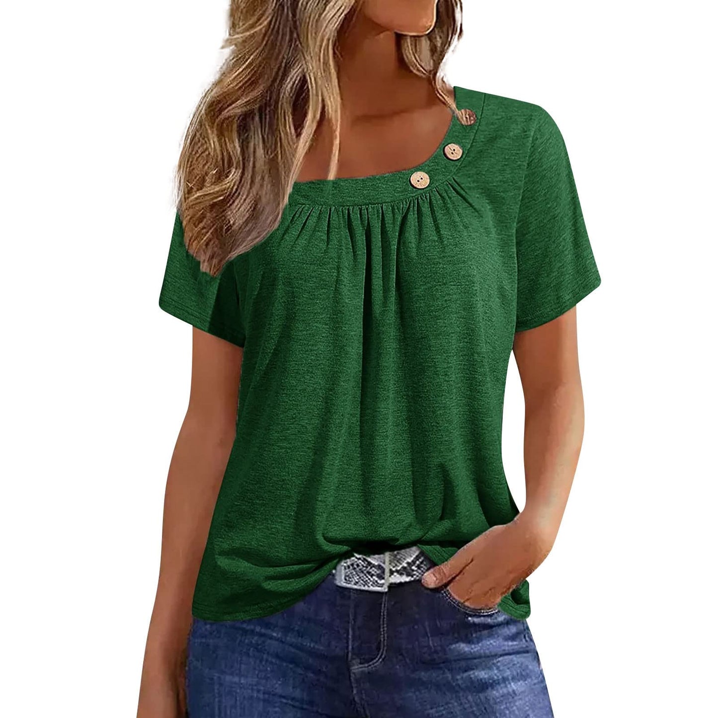 Beach Oversize Casual Tops Ladies Summer Short Sleeve Crewneck Soft Shirt Polyester Button Down Solid Fit Top Womans Green