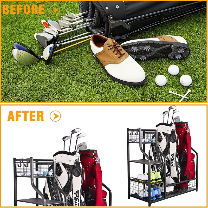 SNAIL Extra Large Golf Bag Rack Stand Holder - Fits 2 Bags & Accessories, Metal Black Garage Storage