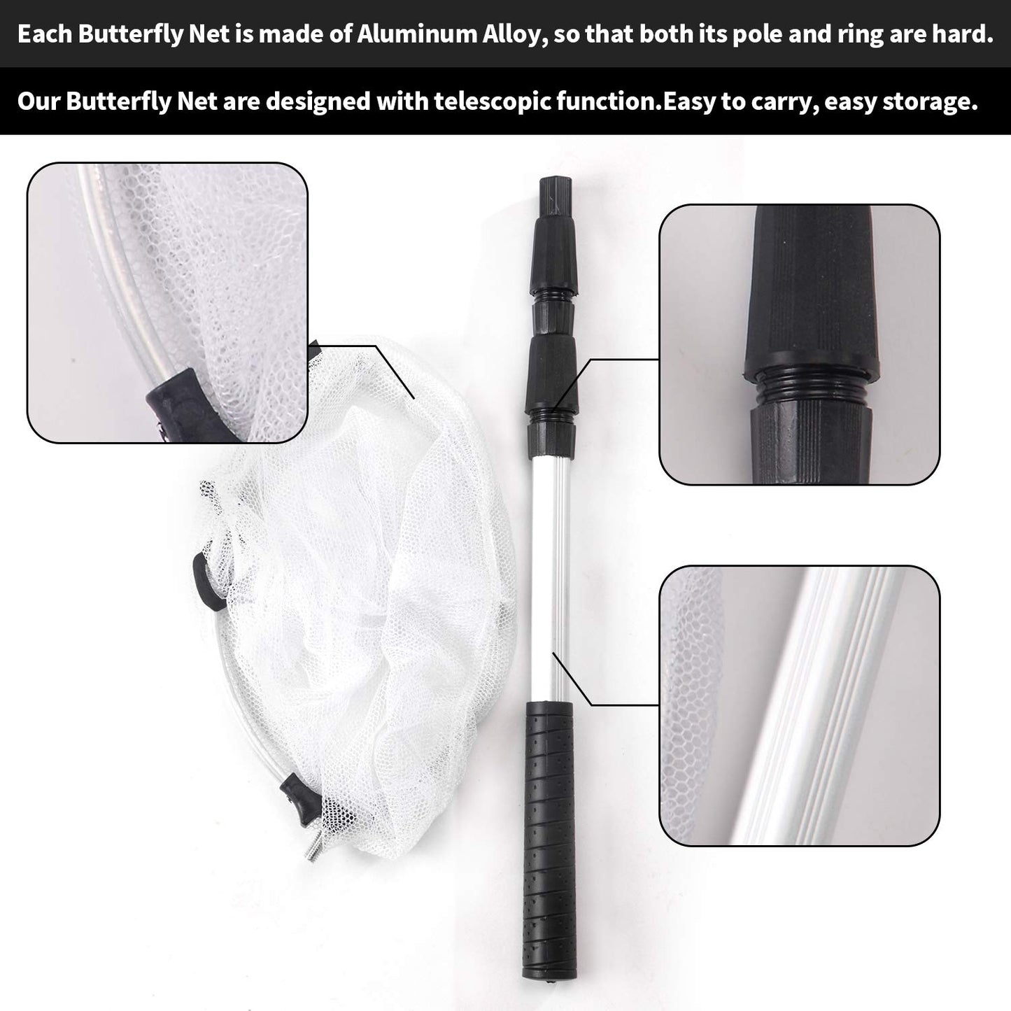 Rngeo 2 Pack Telescopic Butterfly Net, Extendable Fishing, Insect Toy Nets for Kids and Family, Aluminum Alloy (Silver Extends to 36 Inches, Blue Extends to 26 Inches, Pack of 2)