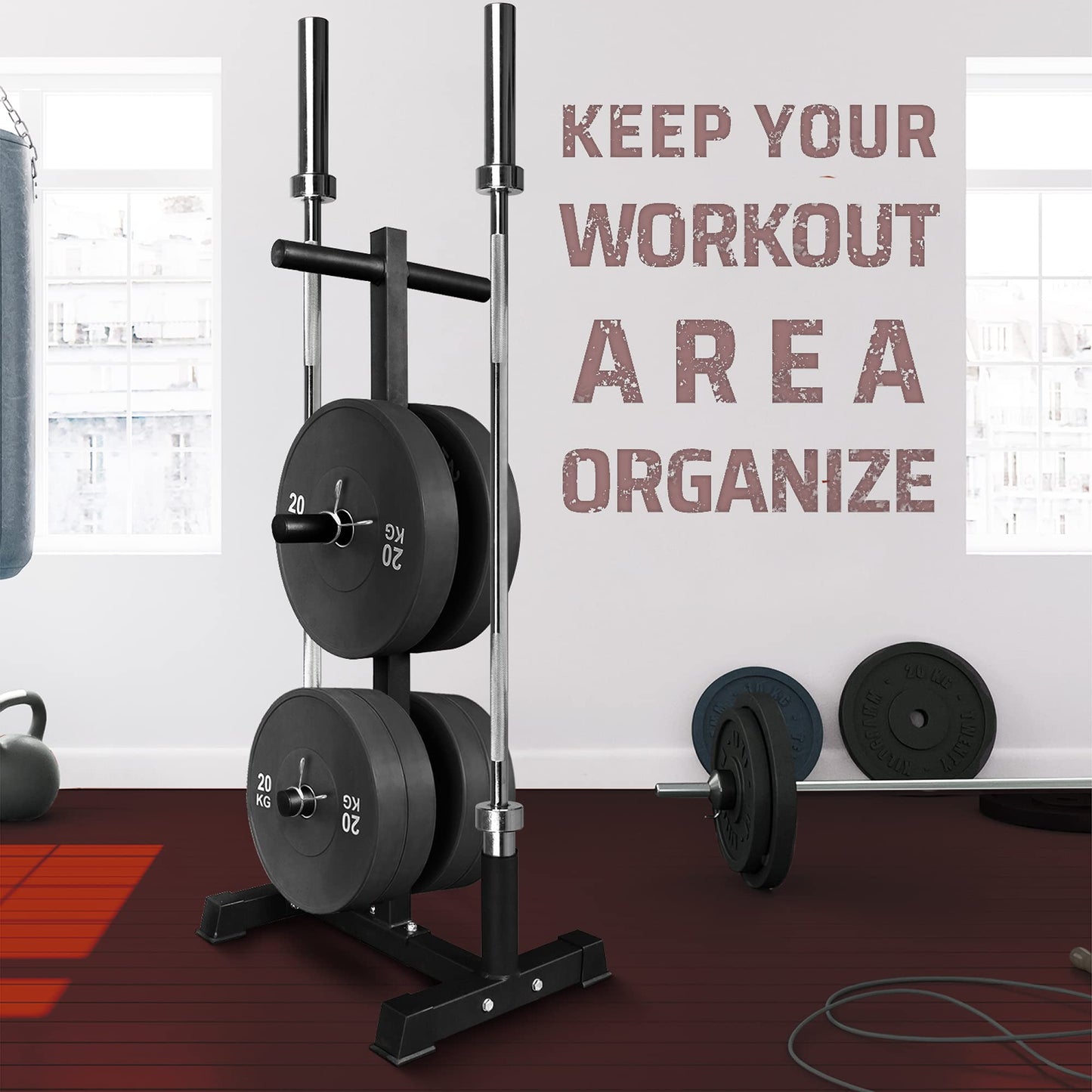 Yes4All 6-Pegs Olympic Weight Plate & 2 Barbells - Weight Plate Tree Holder & Vertical Barbell Storage Rack