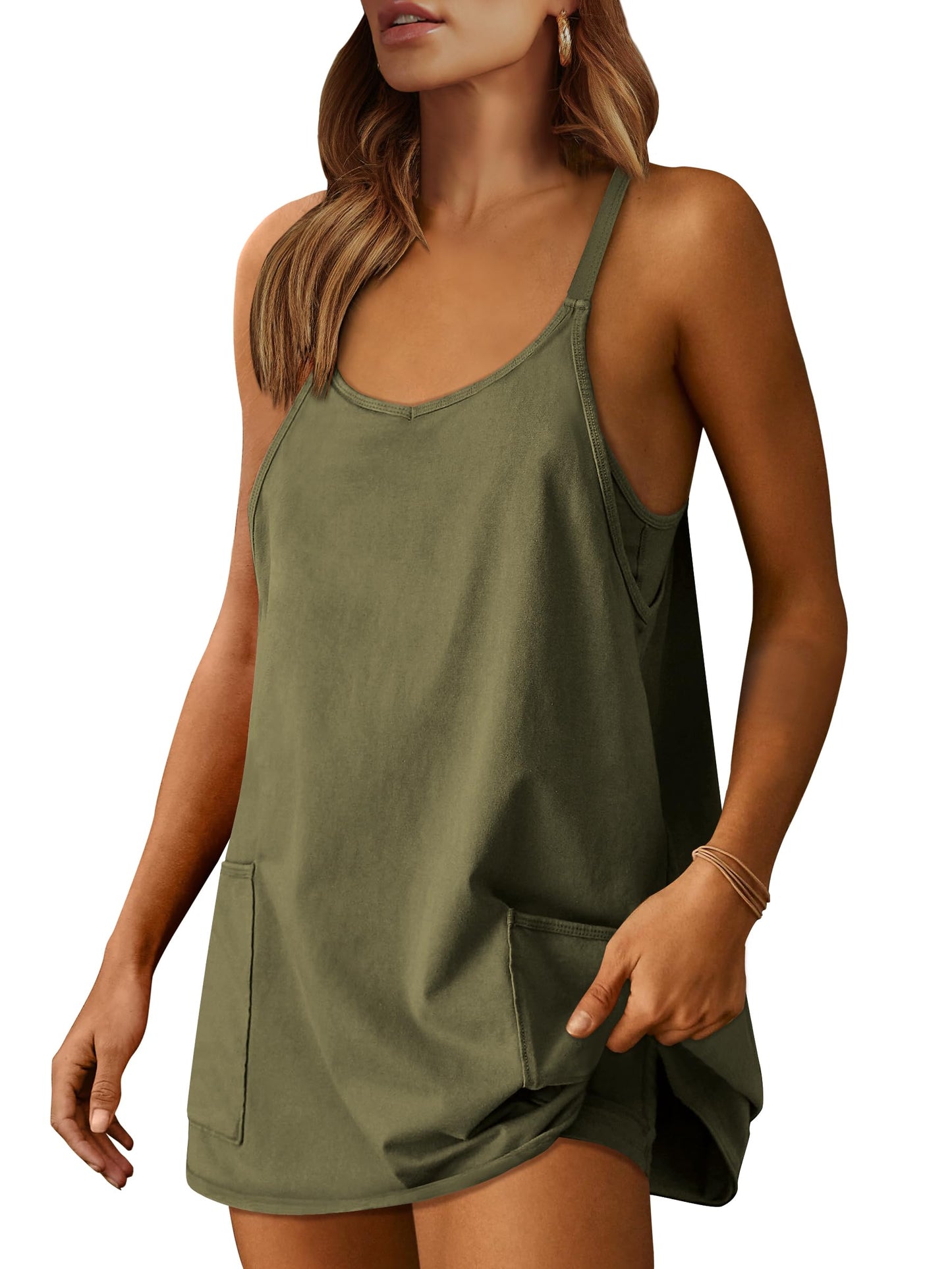 ANRABESS Women Athletic Dress Summer Tennis Workout Active Sports Mini Romper Dress Built in Shorts Travel Vacation Clothes Army Green X-Large