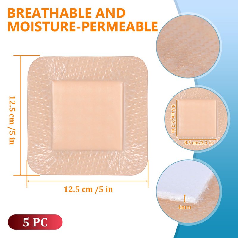 OUJEALEE Silicone Foam Dressing with Border - 5 Pack | Ultra-Gentle Skin Adhesive | Super Absorbent Wound Pad | Sterile & Waterproof | Pain-Free Removal for Sensitive Skin (5" x 5")