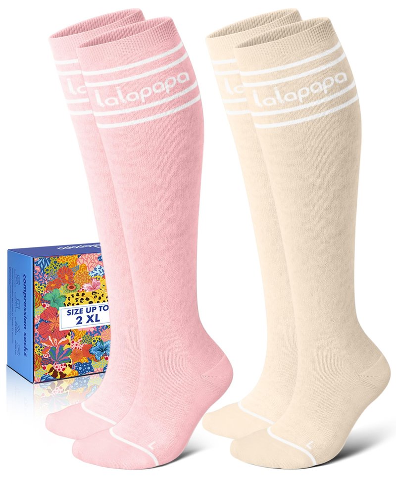 Lalapapa Cotton Compression Socks for Women - 15-20mmHg Cushioned Sole, Soft Breathable for Pregnancy Travel Nurse, Pink and Beige, S/M
