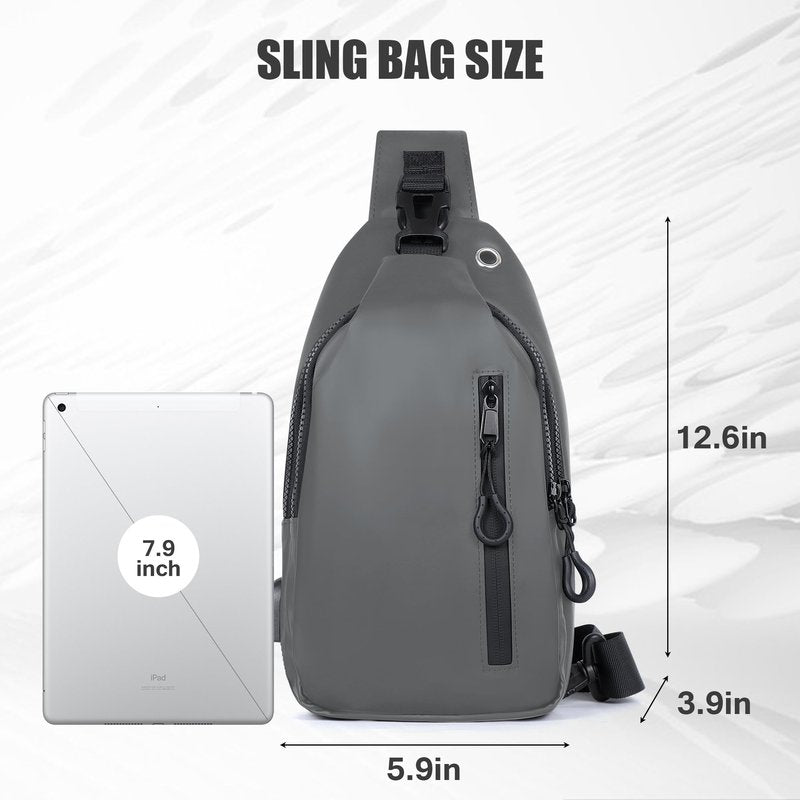 VALUEQLO Waterproof Sling Bag for Men Women Crossbody Backpack with USB Charging Port & Headphone Hole, Anti Theft Chest Pack Daypack, Adjustable Shoulder Bag for Travel, Hiking, Running, Light Grey