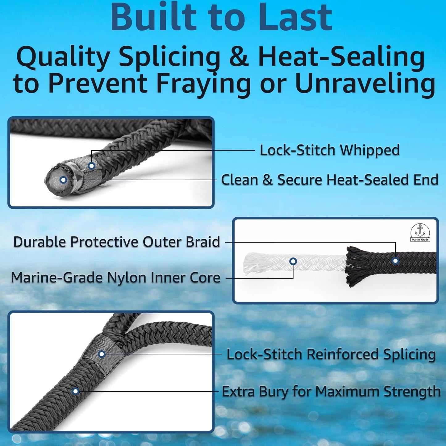 PACTHSD 4 Pack 1/2" x 20' Dock Lines - Marine Grade Nylon Boat Ropes with 12" Eyelet for Docking and Mooring - Double Braided Boat Lines, High Strength, Easy Handling, Fray Resistant - Black