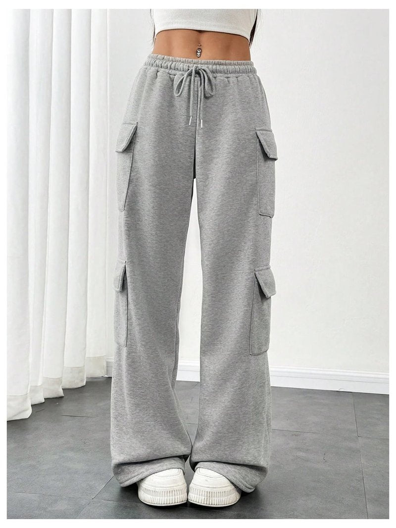 RoseSeek Women's Wide Leg Sweatpants Drawstring Waist Baggy Cargo Pants Casual Trousers with Pockets Grey Medium