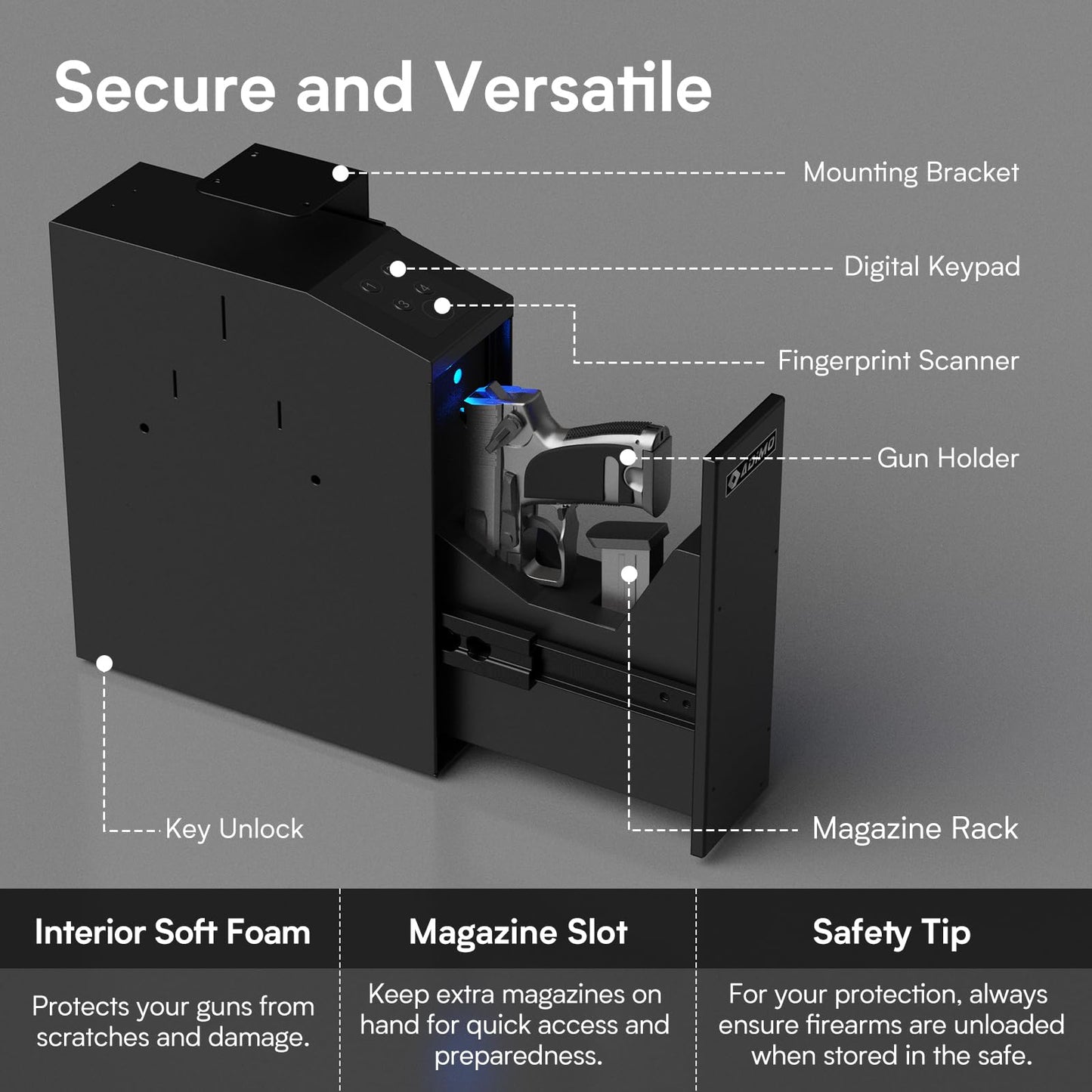 ADIMO Handgun Safe, Slider Biometric Fingerprint Gun Safe for Handgun Supports 3 Quickly Access Ways, Fingerprint, PIN Code and Key, Pistol Gun Lock Box for Car, Truck, Desk, Bedside