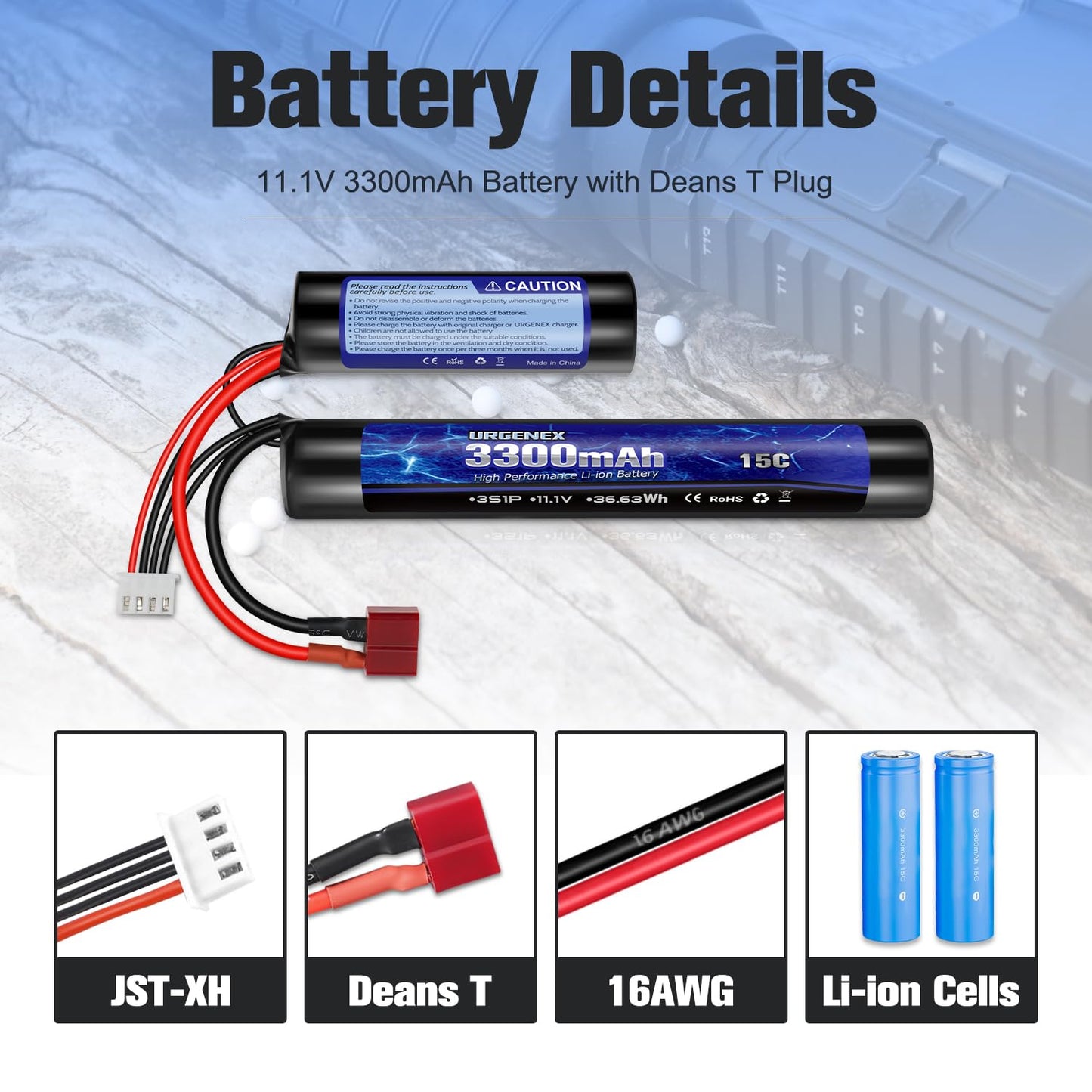 URGENEX Airsoft Battery 3300mAh High Capacity 11.1V Nunchuck RC Battery with Dean-Style T Plug & Mini Tamiya Cable 3S Butterfly Stick Airsoft Li-Ion Fit for aeG AK47 M4 MP5 and Most Airsoft Gun Rifle