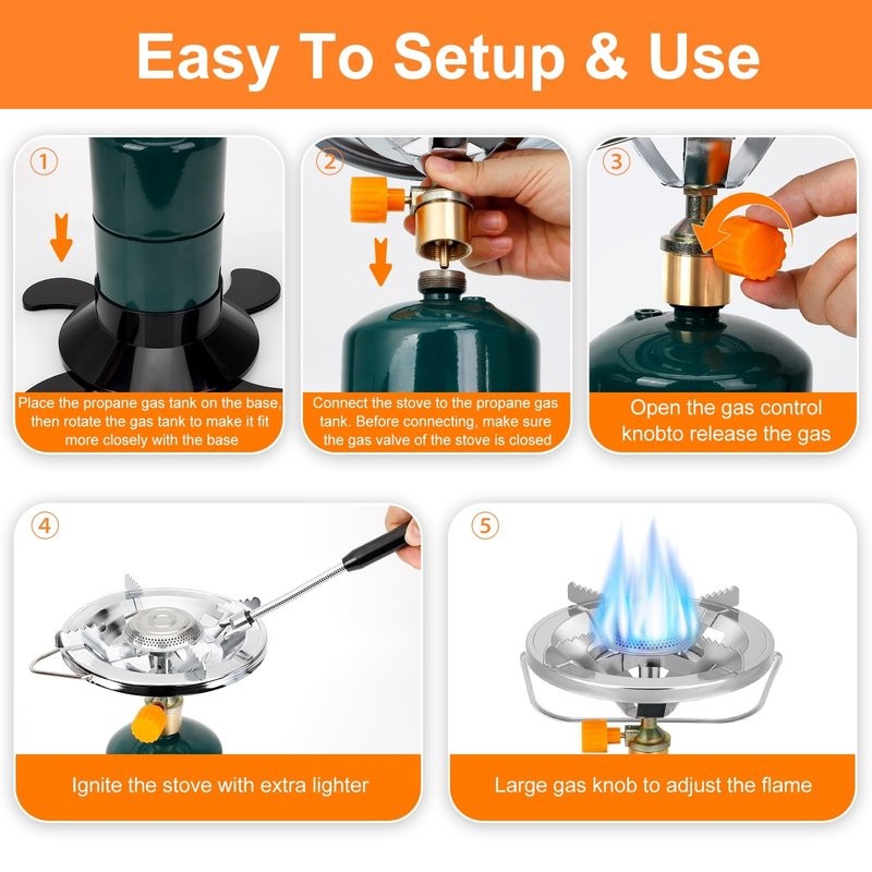 Camping Stove Propane Burner, Portable Camp Stove with Foldable Gas Tank Base, Adjustable Flame Backpacking Cooker for Camping, Small Single Burner Propane Stoves Kit for Hiking Tent Outdoor Cooking