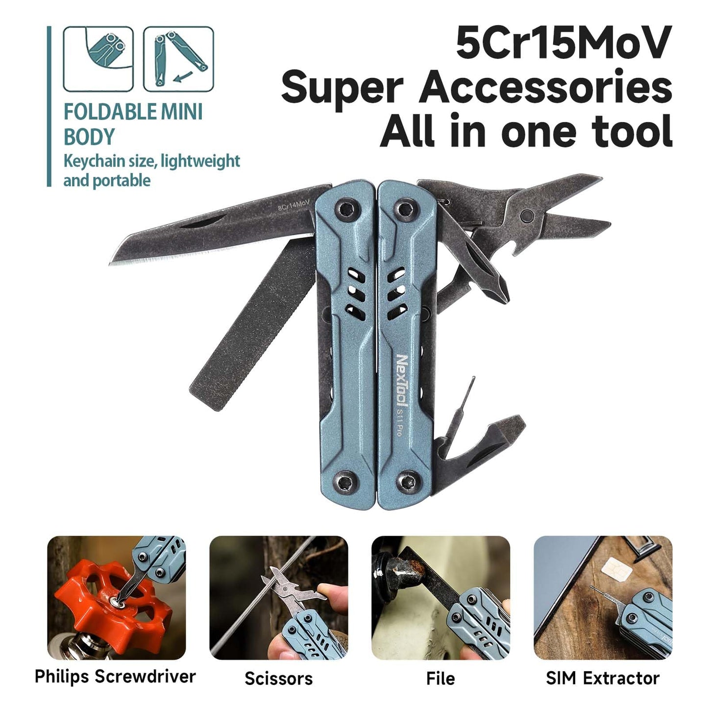 NexTool Mini Sailor S11 Pro Keychain Multitool - Compact 12-in-1 EDC Multi Tool with Upgraded Materials, Lightweight Pocket Tool for Camping, Hiking, DIY & Gifts