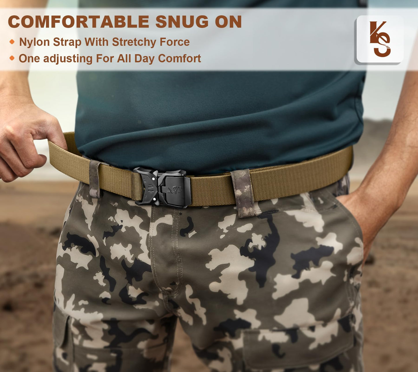 KEMISANT Men Tactical Belt,Stretch Nylon Belt Adjustable for Rigger Military Heavy Duty Work 1.5"-Quick Release(Black/Wood Thrush,42"-46" Waist Adjustable)