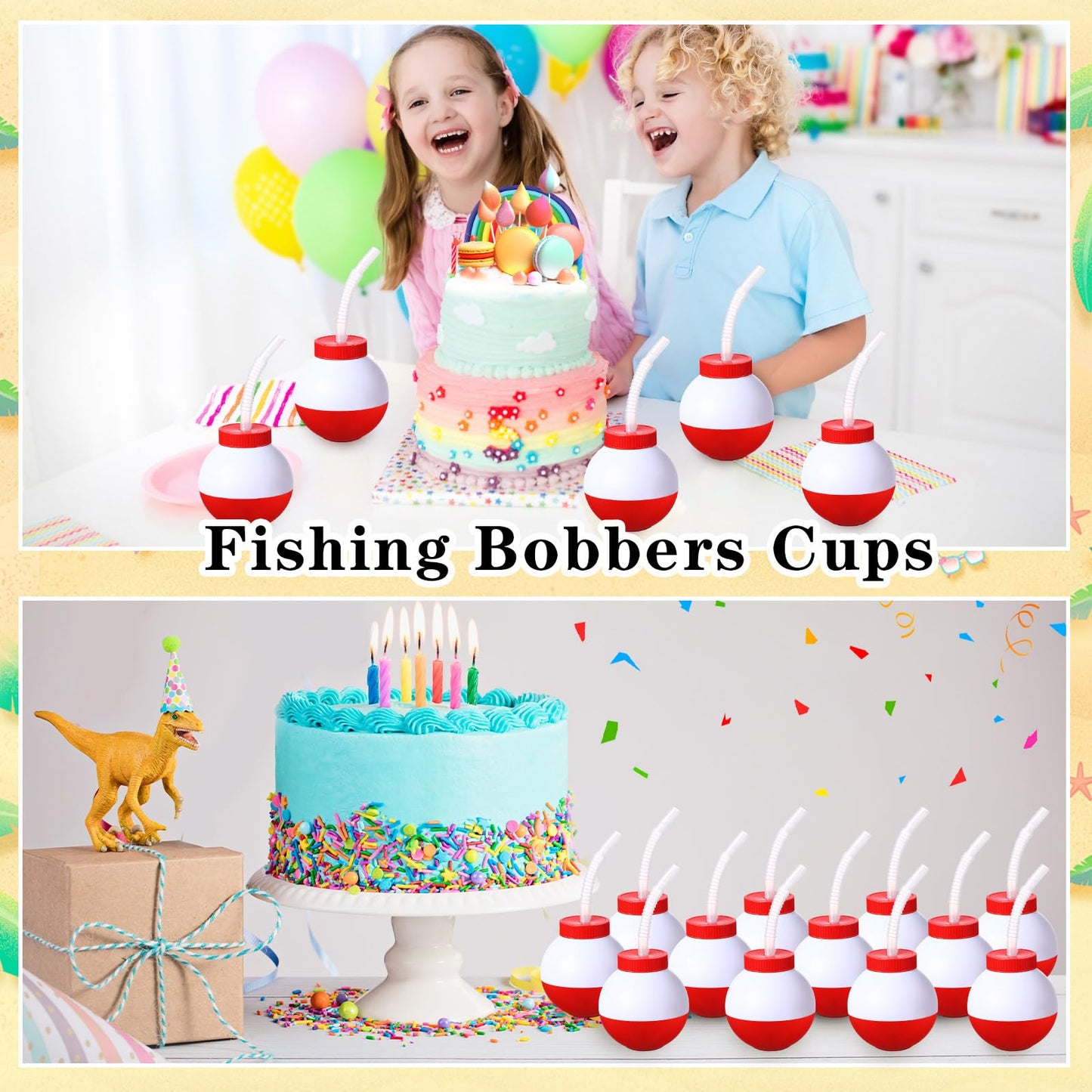 FillTouch 12 Set Fishing Bobbers Cups with Straws and Lids 10 oz Fun Fishing Birthday Party Decorations Red and White Plastic Cups for Kids Fishermen Pool Party Decorations