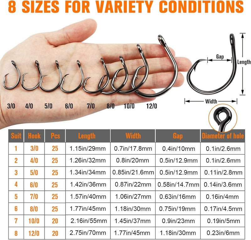 Circle Fishing Hooks - 20-25 Pcs 3X Strong Saltwater Hooks for Catfish, Striper, Bass | Sizes 3/0-12/0
