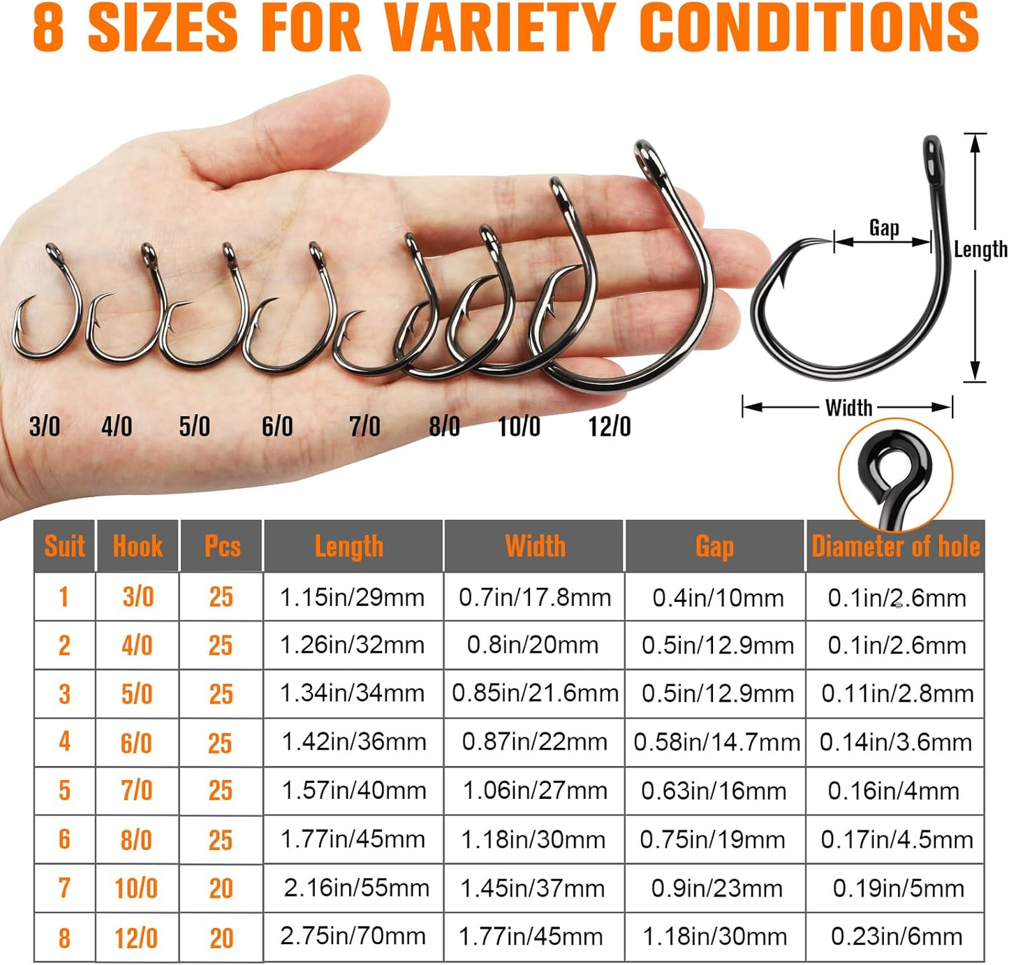 Dovesun Circle Fishing Hooks - 3X Strong Saltwater Hooks for Catfish, Striper, Bass | Sizes 3/0 to 12/0