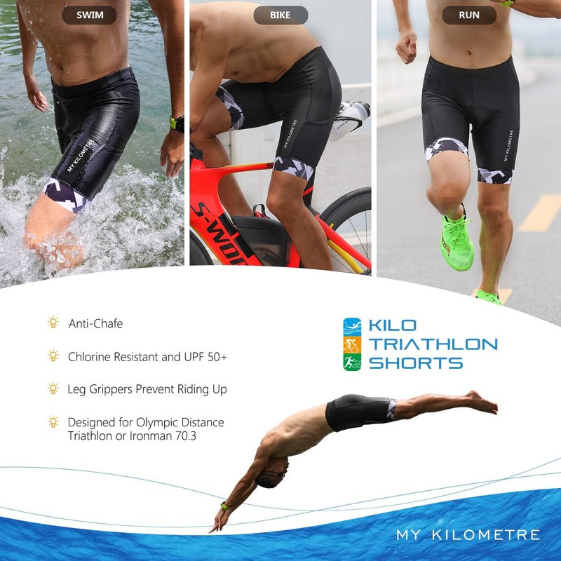 Mens Triathlon Shorts - Adjustable Drawstring & Easy Reach Pockets - Chamois for Long-Distance Races