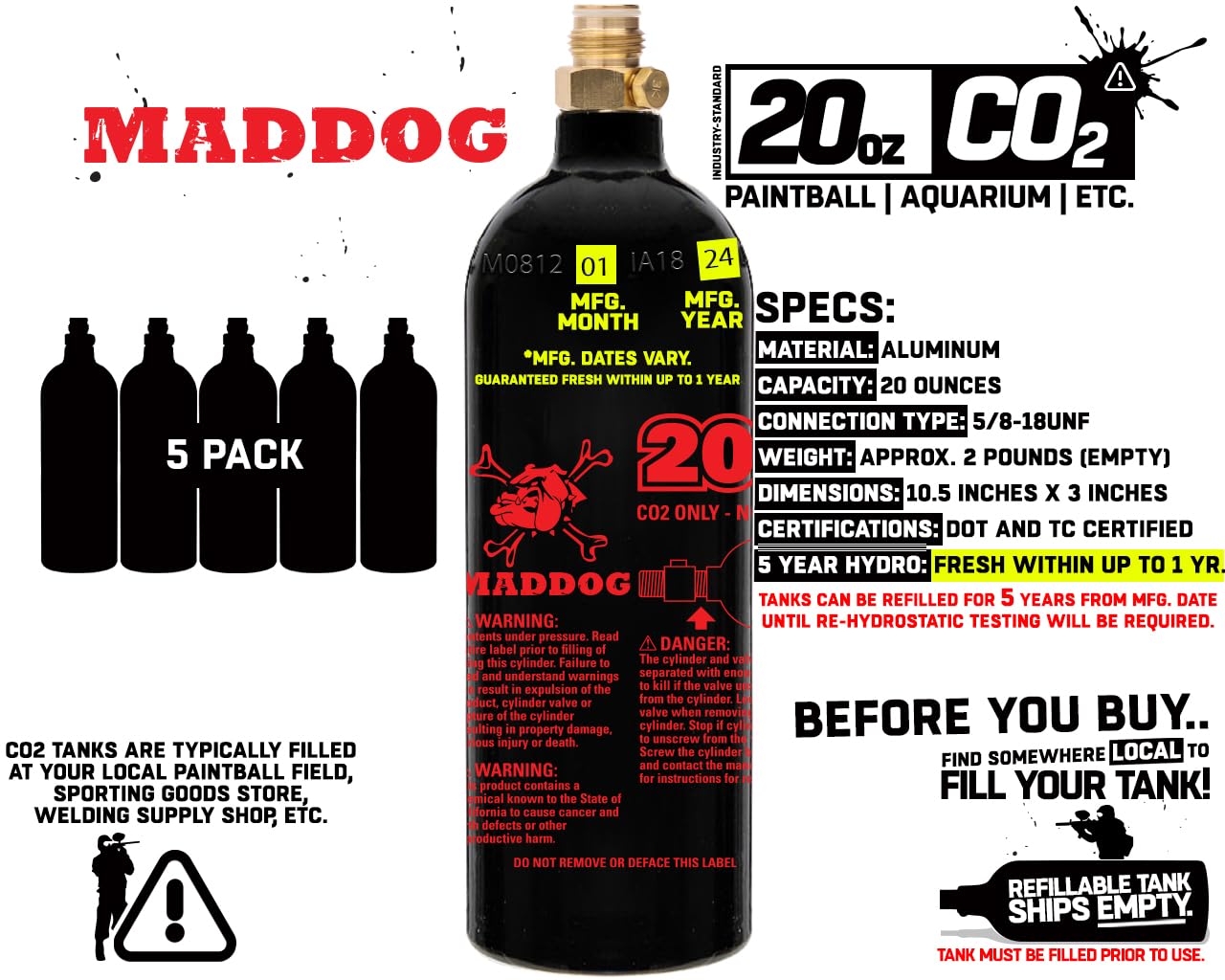 Maddog 20 Oz Refillable Aluminum CO2 Paintball Tank - Ships Empty - 5 Pack