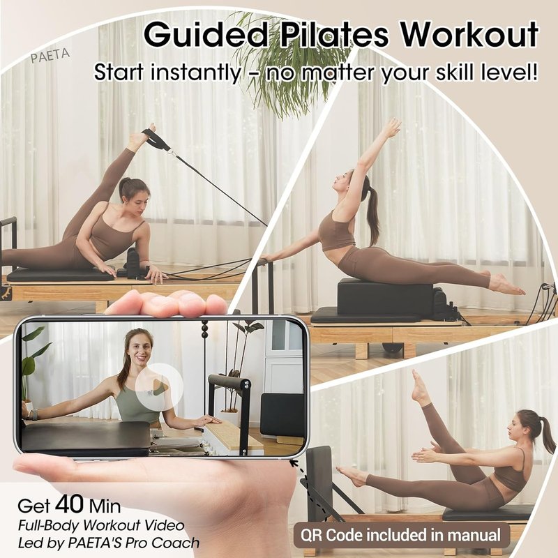 Wooden Pilates Reformer Machine - 92” PAETA Reformer with Springs, Jump Board & Accessories for Home or Studio Use