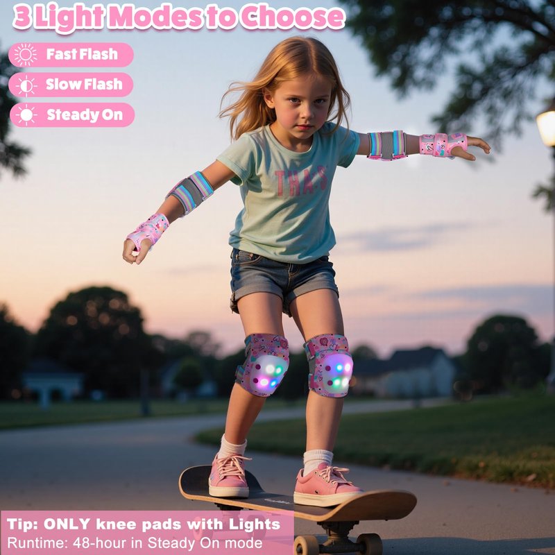 Lemmeko Knee Pads for Kids with LED Lights, Kids Knee Pads and Elbow Pads Wrist Guards Set with Drawstring Bag for Girls 3-8 Years Adjustable Protective Gear Set for Scootering Cycling Skateboarding