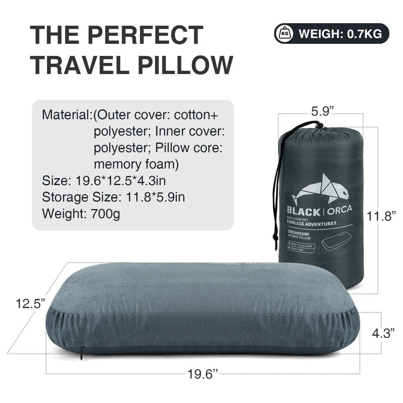 BLACK ORCA Memory Foam Camping Pillow, Lightweight & Portable Travel Pillow, Backpacking Pillow with Removable Cover, Ergonomic Pillows, Neck Lumbar Support for Outdoor Camp, Hiking, Backpacking Sleep