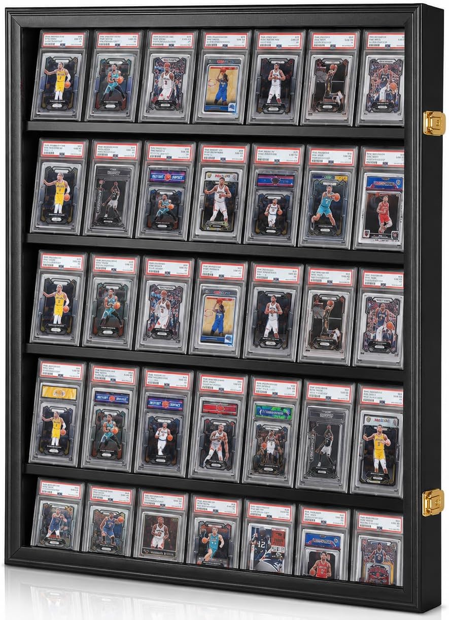 Sports Card Display Case - Lockable UV Protection Frame for 35 Baseball, Hockey, Football & Basketball Cards | Black