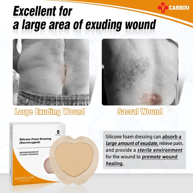Carbou Silicone Sacrum Foam Dressing, 9''x9''(23cm x23cm) Bordered Adhesive Sacral Foam Dressing,Soft Bed Sore Bandages,Wound Care Products,Box of 5 Dressings