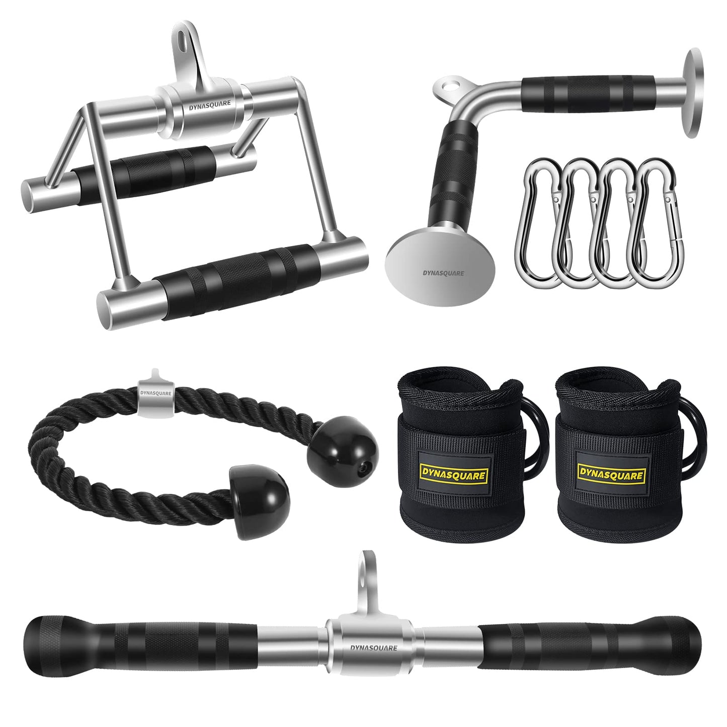 DYNASQUARE Tricep Press Down Cable Machine Attachment, Heavy Duty Solid Steel Body Training Lat Pulldown Home Gym Accessories, Double D Row Handle, V Bar, Ankle Straps, Tricep Rope, Pull Down Bar