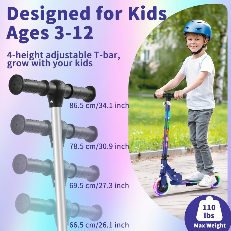 BELEEV Scooters for Kids with Light-Up Wheels & Stem & Deck, 2 Wheel Folding Scooter for Girls Boys, 4 Adjustable Height, Lightweight Kick Scooter with Kickstand for Children Ages 3-12 (Blue)