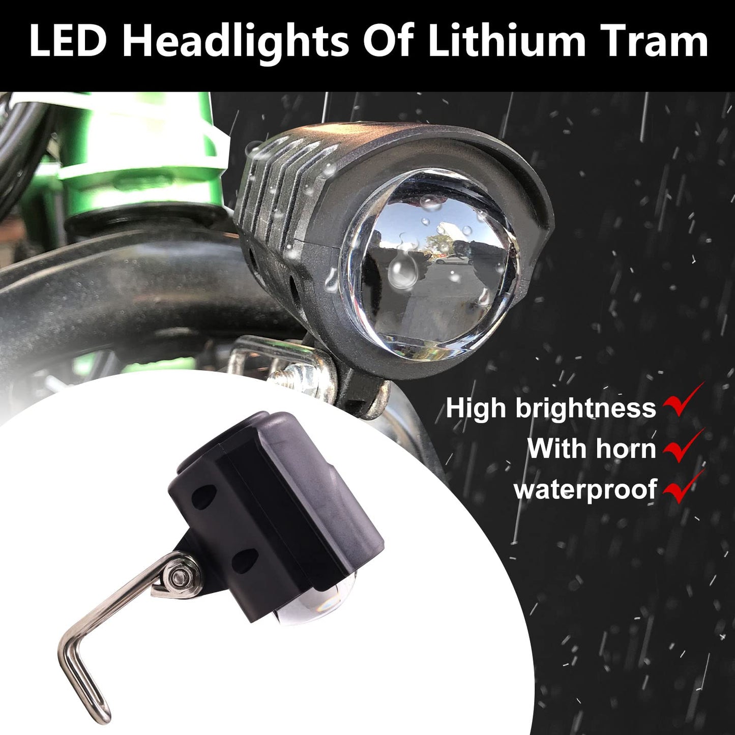 Biqing 2 in 1 Electric Bike Spotlight with Horn,36-60V Bike Front Light 12W Motorcycle Spotlight Fog Light with Bell Waterproof for Electric Scooter(with 59in Wire Cable)