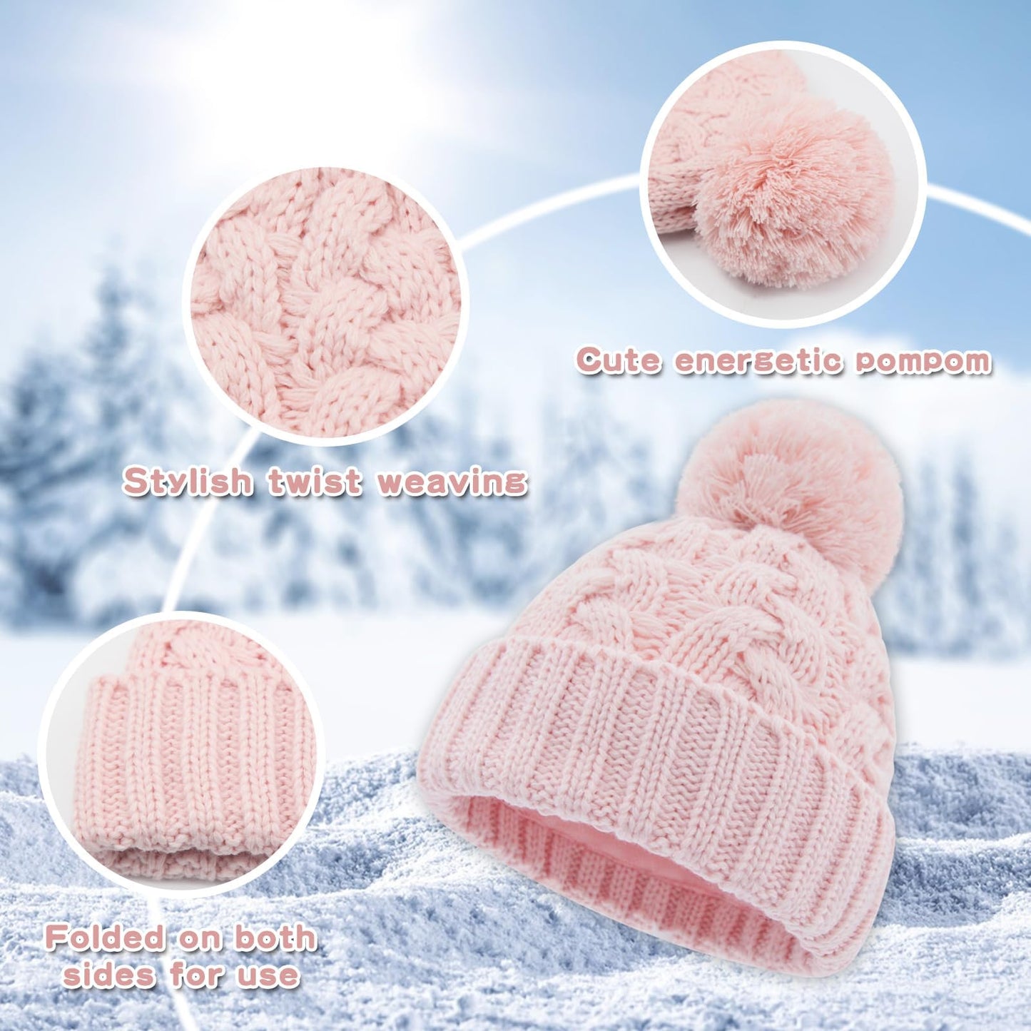 FUOITA Toddler Winter Hat Toddler Pom Pom Beanie Kids Warm Lined Knit Hat Baby Winter Hats for Girls Boys 3M-8T