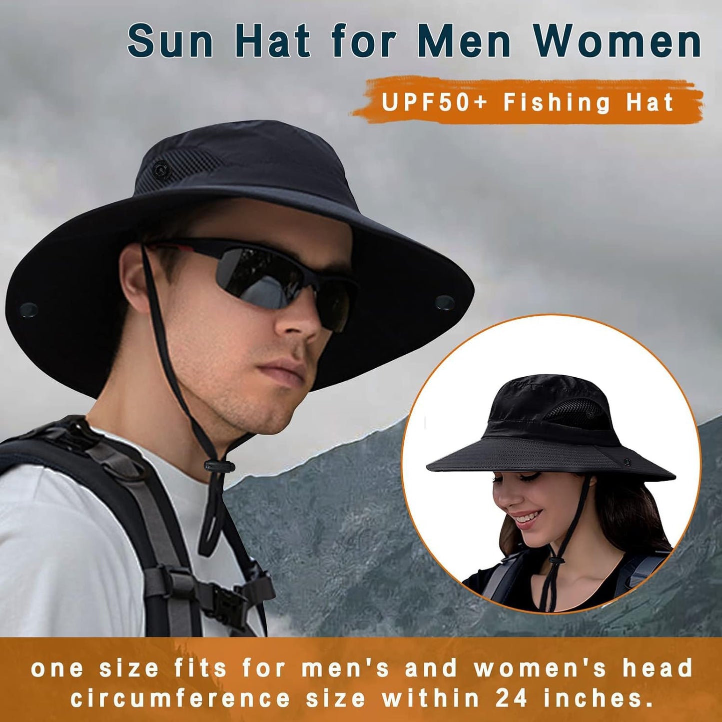 ZOORON Sun Hats for Men Women, Wide Brim Bucket Hats UV Protection UPF50+ Waterproof Boonie Hats for Fishing Hiking Camping (2Pack-Beige+Navy)