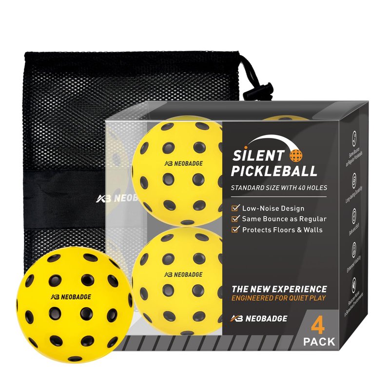 Neobadge Silent Foam Pickleball Balls - Quiet Practice for Indoor & Outdoor, Real Pickleball Feel, High-Density Foam, 40 Recessed Holes (Yellow(Black Dots))