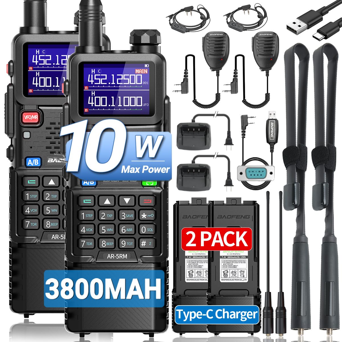 Baofeng Radio Ham Radio Long Range 10W 5RM Handheld Two Way Radio NOAA Weather Radio DTMF Walkie Talkies Copy Frequency 999CH USB-C Charger 3800mAh Battery Survival Gear (2 Pack)